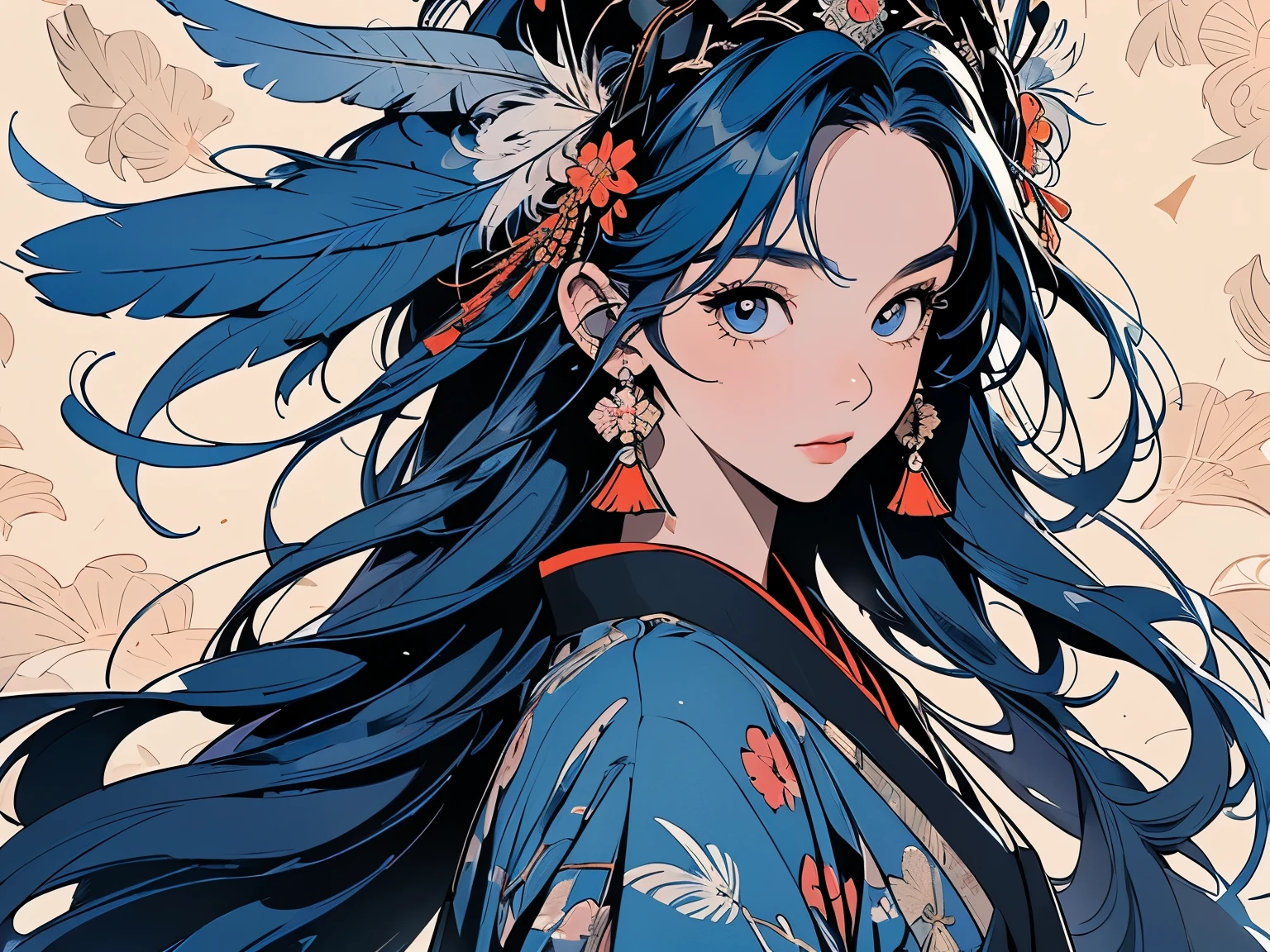 kimono, Perfect kimono, ultra detailed kimono, first-class, ultra detailed,(((ultra detailed ornament))),One Woman, Perfect Face, Faint lighting, (((head shot))), ultra detailed hair、(((Sparkling Eyes))),mysterious, The wind is blowing, Panorama, Long Shot, (((Beautiful Faces of Asia))),(((Indian feather headdress))),Upper Body,(((TOP quality face)))、(((Large feather ornament))),(((A lot of Black crow feather)))、(((Japanese pattern background)))、Top quality feathers、ultra detailed feathers、Various Angle、Various Hairstyle, (((Blue hair)))