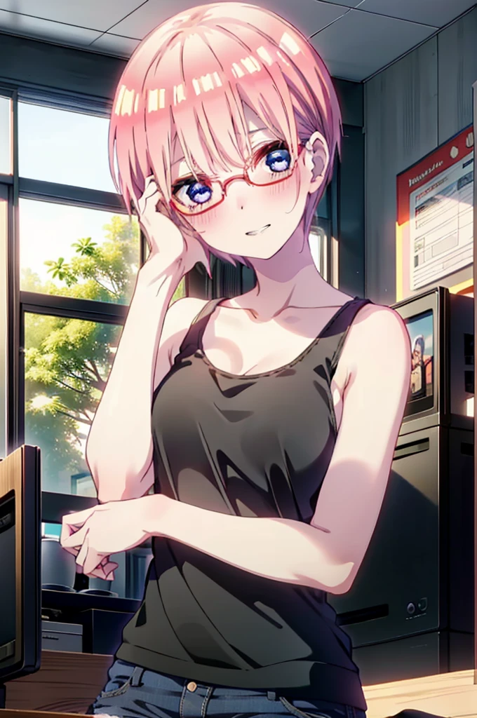 ichikanakano, Nakano Ichika, short hair, bangs, blue eyes, Hair between the eyes, Pink Hair, Grin,smile,Glasses,black tank top shirt,Skinny jeans,Stiletto heels,interior,There is a computer on the table,whole bodyがイラストに入るように,Walking,Daytime,Clear skies,
break indoors, office,
break looking at viewer,whole body,
break (masterpiece:1.2), Highest quality, High resolution, unity 8k wallpaper, (figure:0.8), (Beautiful attention to detail:1.6), Highly detailed face, Perfect lighting, Highly detailed CG, (Perfect hands, Perfect Anatomy),