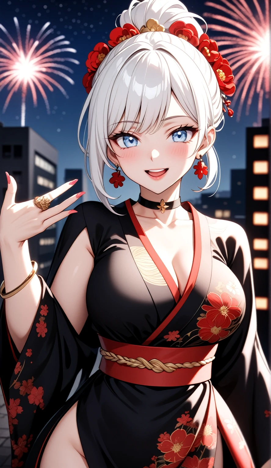 ((One personの女性)), Beautiful Face, (Laughing embarrassedly), (laugh:1.2),((Wink:1.9)), (head tilt:1.3), Laugh with your mouth wide open, upper teeth, looking down at viewer, ((Bright red cheeks:1.4)),Glossy Red Lips,rooftop, firework, Glossy red lips, Shining Face, ((Anime style background)),masterpiece, Highest quality, so beautiful,up to date, Complex details, (Pink long nails),(ring),(bracelet),(Floral choker),AI-generated, Complex,High resolution, Highest quality, super high quality,3D Images、3D Images,One person,Long white hair,High Ponytail, Anime woman posing for a photo,(blue eyes), ((Fine grain、Silvery white, lightly pigmented eyes、Shining Eyes:1.3)), (Squint your eyes:1.1),a hyperRealistic , hyperRealistic , Realistic,Anime woman with long white hair, Smooth anime CG art, A woman in a colorful kimono with gold embroidery, (Black long sleeve kimono),Red floral pattern,Long flower hair ornament,Earrings,Mature Body,(Big Breasts:1.1),Tall,Abdominal muscles,Tight waist,(Zoom up to face:1.4), (front view),