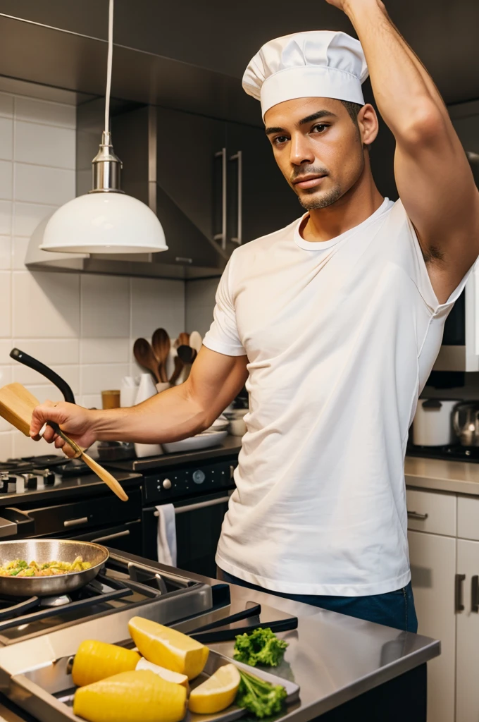 Create an image, a man in a kitchen cooking a meal in a white T-shirt that labelled 'Say No to ?????'