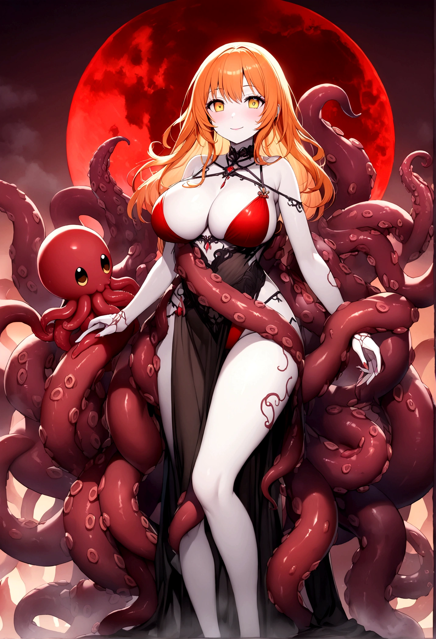 A beautiful anime-style girl with short orange hair,(((detailed)))Yellow Eyes,Transparent hair,Bright Face,smile,Delightful beautiful girl,(((detailed)))A beautiful girl with a well-balanced and glamorous body,Lori,Big Breasts,(((detailed)))A beautiful immoral girl wearing a provocative purple and red bikini,Pale skin,(((detailed)))Full Body Shot,octopus,Countless tentacles wrapping around the body,Tentacles that wrap around hands, feet, etc.,(((detailed)))fog,Red Moon,Mysterious Flower,Lake of Darkness。