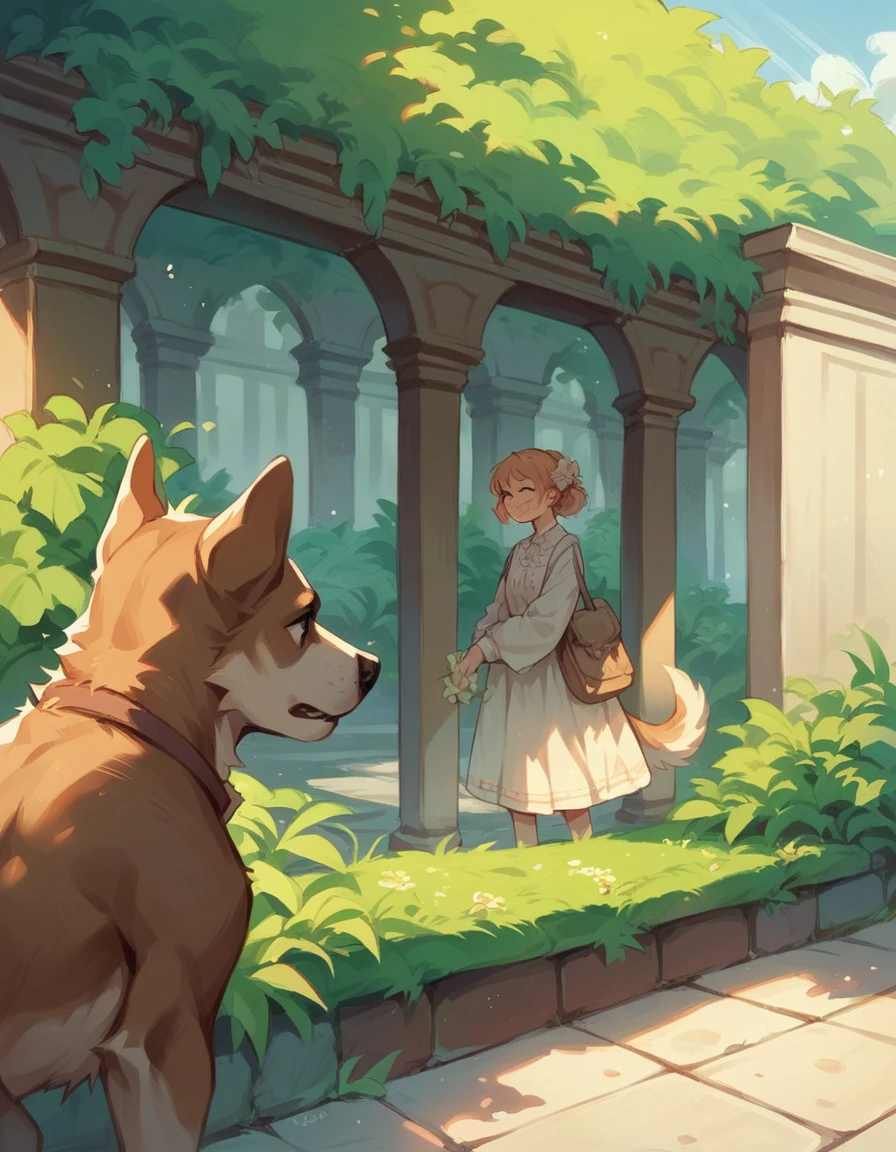 image of dog in the garden, in cartoon style for coloring