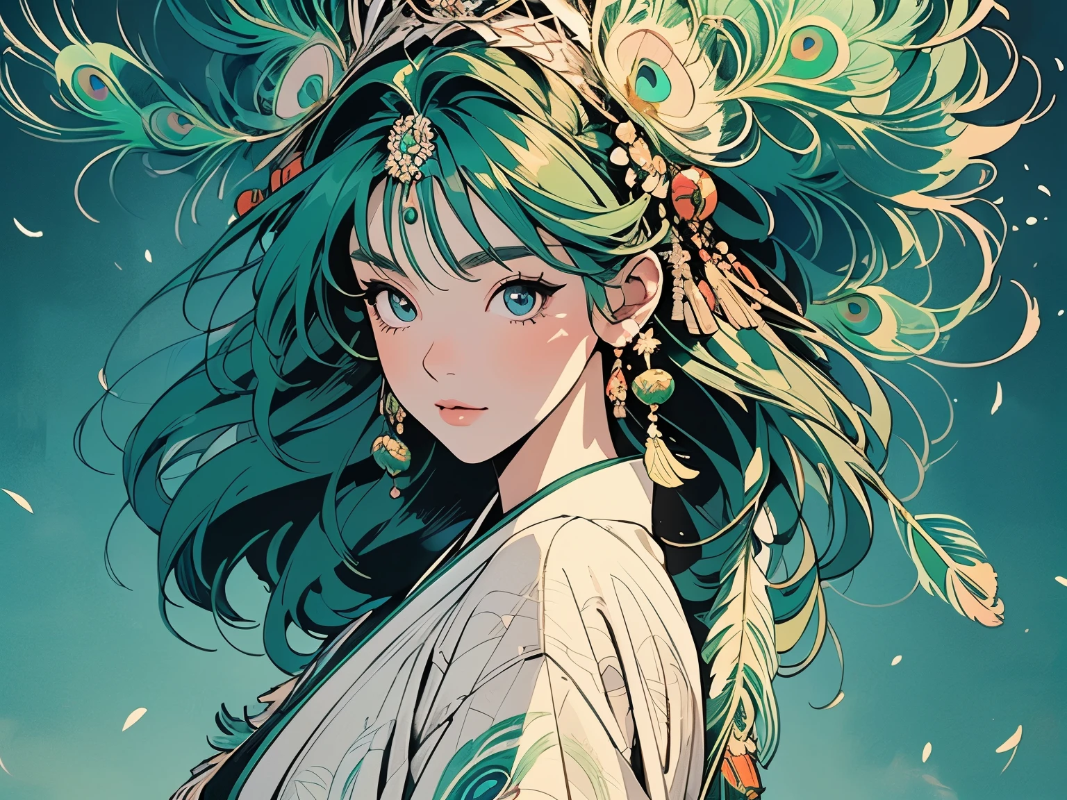 kikimono, Perfect kimono, ultra detailed kimono, first-class,ultra detailed,(((ultra detailed ornament))),One Woman, Perfect Face, Faint lighting, (((head shot))), ultra detailed hair、(((Sparkling Eyes))),mysterious, The wind is blowing, Panorama, Long Shot,(((Indian feather headdress))),Upper Body,Sexy face,(((Large feather ornament))),(((ultra detailed White peacock feathers)))、(((Japanese background)))、Top quality feathers、ultra detailed feathers, Various Angle, Various Hairstyle, (((green hair)))