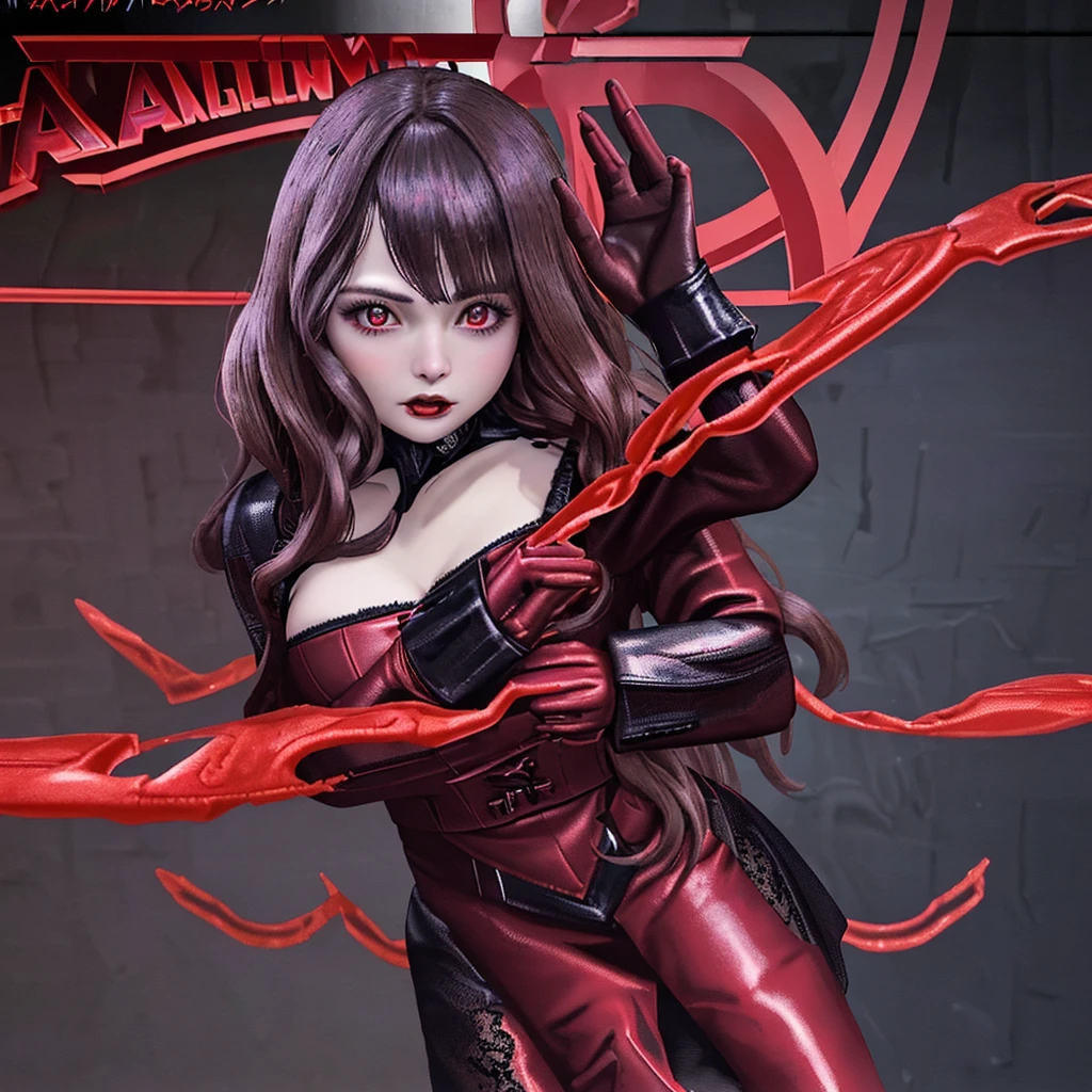 extremely detailed photo of a woman, loraelizabeth, scarlet witch, avengers, wearing black lace dress, open red leather jacket, 8k hd, RAW photograph, model photo shoot