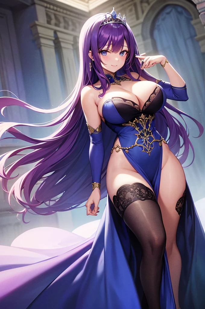 milf, 30 years old, (highres, masterpiece:1.2), (blue dress, purple dress, red dress), white hair, robe, (large breasts), thick thighs, standing, pelvic curtain, tiara, thighhighs, v-neck, strapless dress, blue eyes, expressionless, long hair, (layered dress, elaborate clothing, detailed clothing, detailed dress), castle in background, blue dress, cape, smile