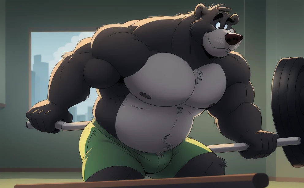 ((masterpiece, best quality)),solo, 1bear, solo, baloo, huge muscular, green gym shorts,, black eyes, furry, bear, no humans, gym,  working out, gym set