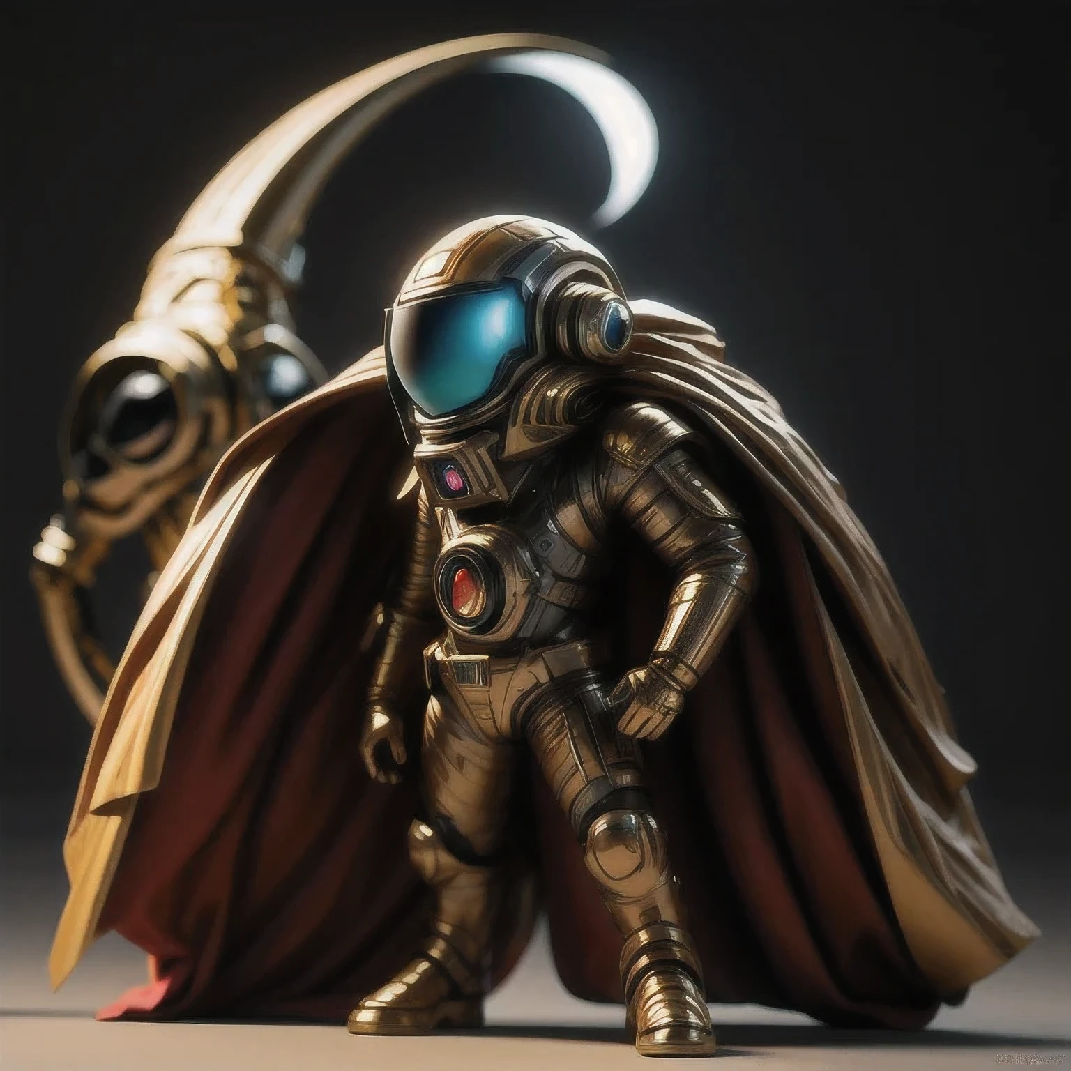 arafed alien with a cape and goggles standing in a pose, sci - fi character, scifi character, scifi character render, moon ray render, 3 d character render, hyper detailed fantasy character, dystopian sci-fi character, 3 d render character art 8 k, character render, small character. unreal engine 5, 3 d character concept artwork, 1 cape, solo