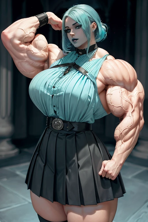 ((((Massive tall, beautiful, buff, pale white skinned muscular woman with cyan hair, black lipstick, ginormous bulky muscles and wearing a cyan pleated shirt with beautiful long pleated skirt)))), (close view), (massive muscles), long beachy hair, ((chained belt)), purple eyes, choker, ((cyan pleated shirt and tie)), neck tie, ((beautiful long pleated skirt)), belt, thigh high socks, black boots, (in Hogwarts), closed smile, night, massive muscles