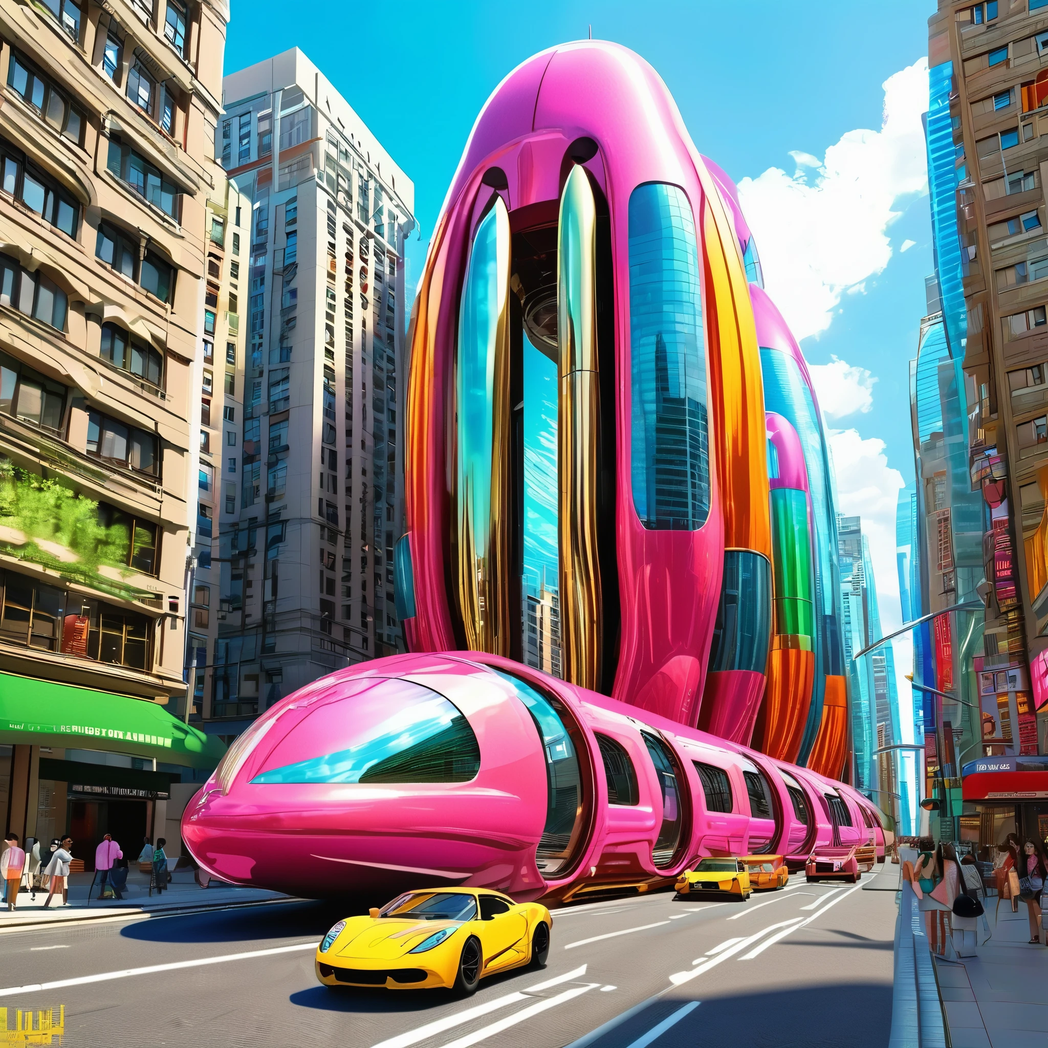 A great futuristic metropolitan made of glass and steel where tall buildings are shaped liked dildos and vehicles are individual sperm with wheels and windows moving down the streets. Tunnels look like vaginas. Hyper realistic, vibrant colors, 16k