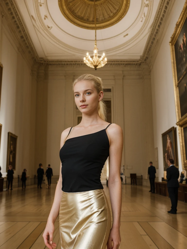 her name is Elle, high quality, 1girl, ((20-year-old fit Caucasian woman)), ((20 years old)), ((fit)), ((pale skin)), ((sleek ponytail blonde colored hair)) , wearing Metallic Gold Sequined One-Shoulder Top  + High-Waisted Satin Wrap Skirt, pose: standing, background:The grand halls of the National Gallery are filled with iconic paintings. You find yourself in front of Turner’s “The Fighting Temeraire,” lost in the dramatic depiction of the sunset. The quiet atmosphere, punctuated by the soft footsteps of other visitors and the gentle hum of an air conditioning unit, adds to the contemplative mood.