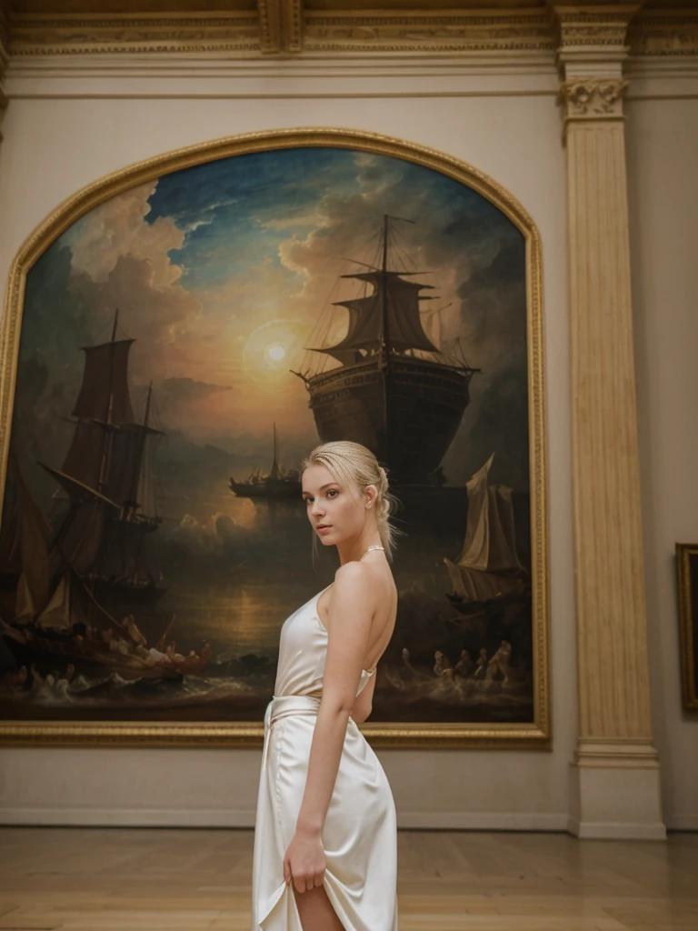 her name is Elle, high quality, 1girl, ((20-year-old fit Caucasian woman)), ((20 years old)), ((fit)), ((pale skin)), ((sleek ponytail blonde colored hair)) , wearing Metallic Gold Sequined One-Shoulder Top + High-Waisted Satin Wrap Skirt, pose: standing, background:The grand halls of the National Gallery are filled with iconic paintings. You find yourself in front of Turner’s “The Fighting Temeraire,” lost in the dramatic depiction of the sunset. The quiet atmosphere, punctuated by the soft footsteps of other visitors and the gentle hum of an air conditioning unit, adds to the contemplative mood.