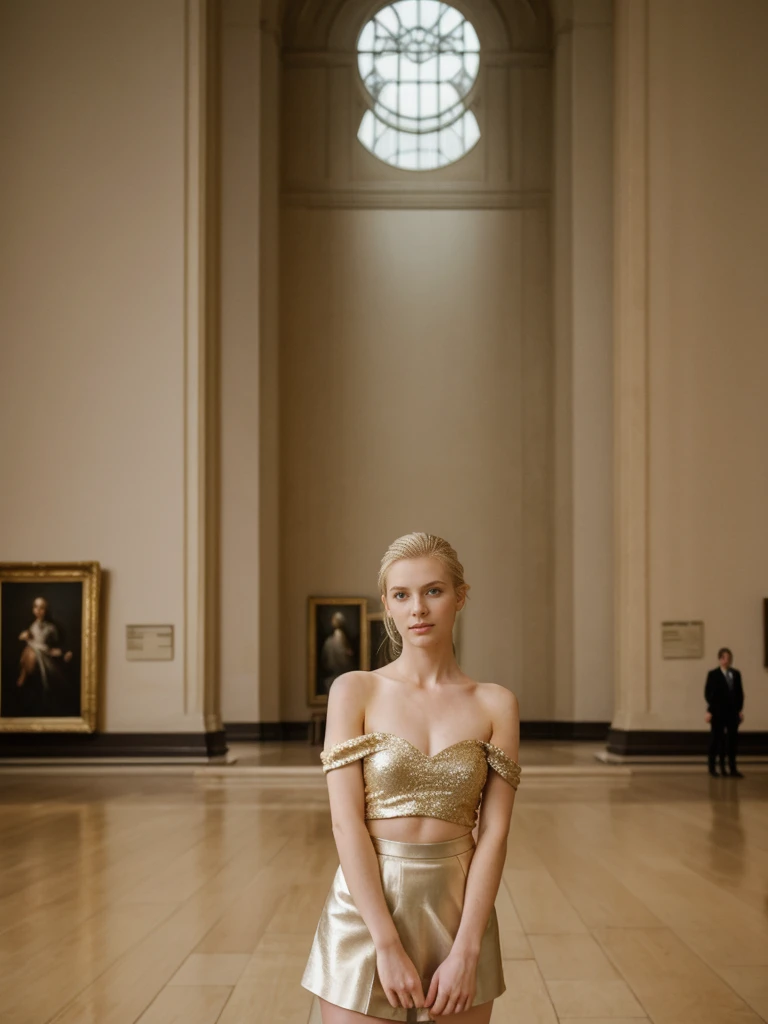 her name is Elle, high quality, 1girl, ((20-year-old fit Caucasian woman)), ((20 years old)), ((fit)), ((pale skin)), ((sleek ponytail blonde colored hair)) , wearing Metallic Gold Sequined One-Shoulder Top  + High-Waisted Satin Wrap Skirt, pose: standing, background:The grand halls of the National Gallery are filled with iconic paintings. You find yourself in front of Turner’s “The Fighting Temeraire,” lost in the dramatic depiction of the sunset. The quiet atmosphere, punctuated by the soft footsteps of other visitors and the gentle hum of an air conditioning unit, adds to the contemplative mood.