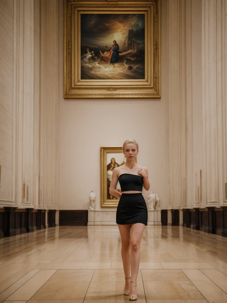 her name is Elle, high quality, 1girl, ((20-year-old fit Caucasian woman)), ((20 years old)), ((fit)), ((pale skin)), ((sleek ponytail blonde colored hair)) , wearing Metallic Gold Sequined One-Shoulder Top  + High-Waisted Satin Wrap Skirt, pose: standing, background:The grand halls of the National Gallery are filled with iconic paintings. You find yourself in front of Turner’s “The Fighting Temeraire,” lost in the dramatic depiction of the sunset. The quiet atmosphere, punctuated by the soft footsteps of other visitors and the gentle hum of an air conditioning unit, adds to the contemplative mood.