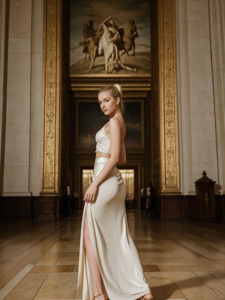 her name is Elle, high quality, 1girl, ((20-year-old fit Caucasian woman)), ((20 years old)), ((fit)), ((pale skin)), ((sleek ponytail blonde colored hair)) , wearing Metallic Gold Sequined One-Shoulder Top + High-Waisted Satin Wrap Skirt, pose: standing, background:The grand halls of the National Gallery are filled with iconic paintings. You find yourself in front of Turner’s “The Fighting Temeraire,” lost in the dramatic depiction of the sunset. The quiet atmosphere, punctuated by the soft footsteps of other visitors and the gentle hum of an air conditioning unit, adds to the contemplative mood.