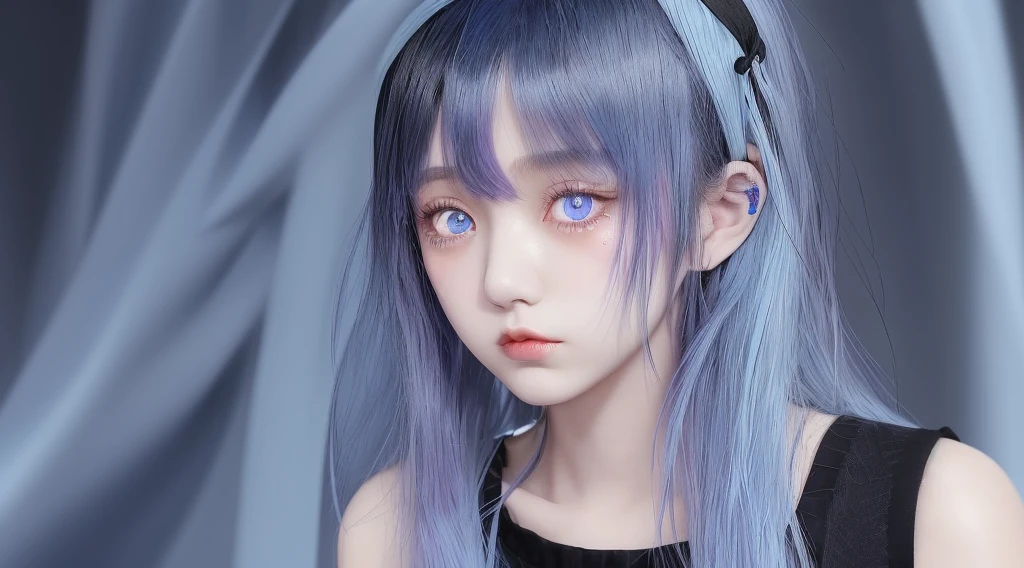 Black hair band、Light blue and purple hair、Girl、Dark navy blue clothing that exposes the shoulders、Tears flowing