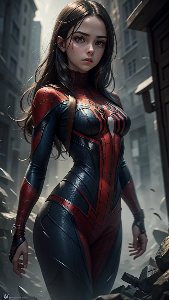 A girl wearing a Spider-Man costume, extremely detailed, highly realistic, cinematic lighting, dramatic colors, muted tones, moody atmosphere, ghostly spider webs, dark and eerie atmosphere, detailed facial features, beautiful eyes, sharp focus, HDR, photo-realistic, concept art
