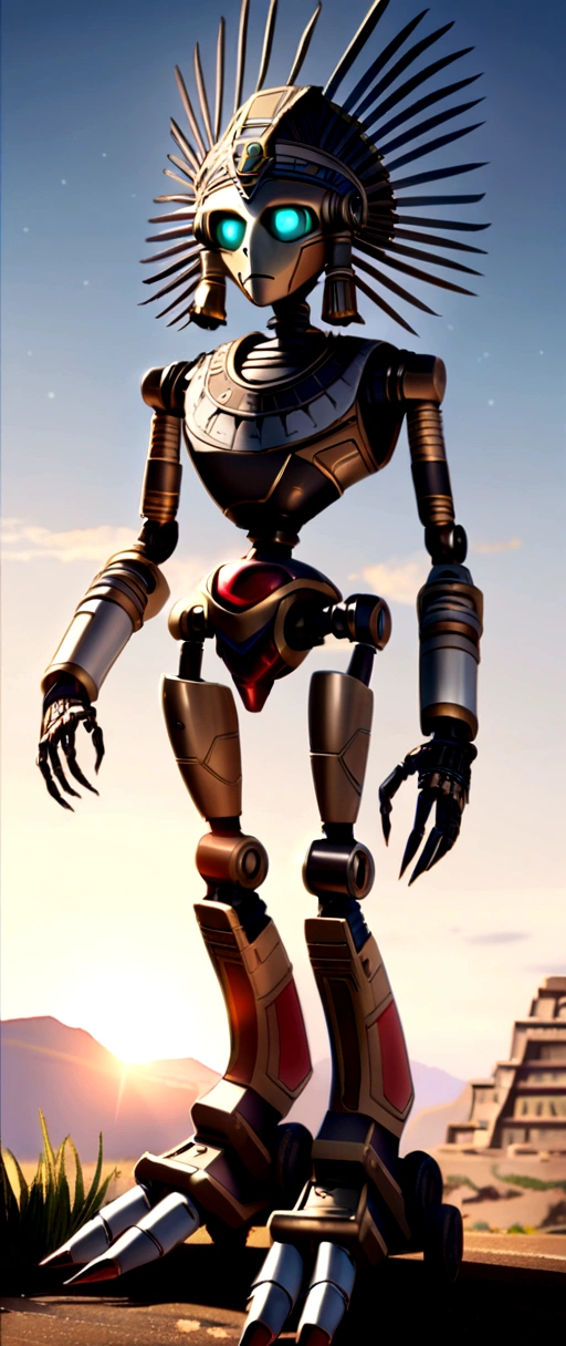 Ancient Aztec robot, full body, humanoid body, biped