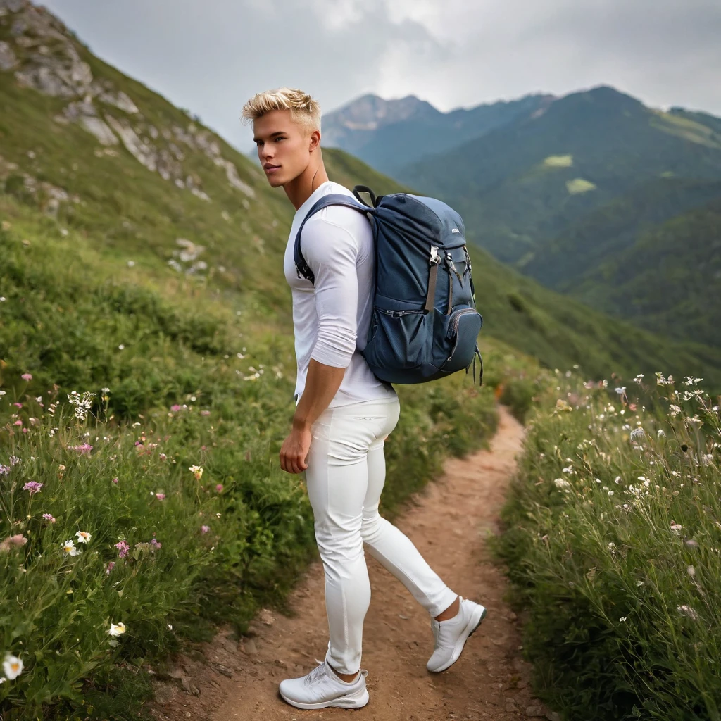 Behold a fashion editorial photo shoot featuring a photogenic and charming bleached blonde hair, 25 years old, skinny and lean body, pretty cute and masculine young face, wearing dirty white fit legging pants and hiking backpack, (semi hard bulge), at hiking trail, outdoors, full of wild flower, the mountain background, stand bending over the camera perspective, interesting dynamic view from below, amazing composition, HDR, volumetric lighting, ultra quality, elegant, highly detailed, masterpiece, best quality, high resolution, portrait, male focus, solo focus, The photograph is taken with a Canon EOS R camera using an 85mm f/1.8 lens at an f/2.2 aperture, utilizing natural light. Employing three-point lighting and incorporating 3D animation shadows enhances his features and adds depth to the composition. The careful layering and arrangement of his body parts and surrounding objects ensure a flawless composition. This masterpiece celebrates the beauty of the male form and invites viewers to immerse themselves in a world of sophistication and charm. The seductive lighting and intricate details, combined with a dramatic composition, invite viewers to revel in the essence of a fun-filled day, brimming with joy and relaxation. Attention is meticulously paid to the layers and arrangement of his body parts and surrounding objects, ensuring correct body structure and photo distance. The romantic atmosphere, paired with a lively and extremely gorgeous background, enhances the overall allure of this exquisite image.