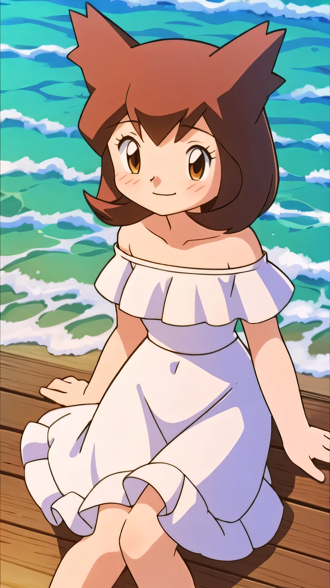 (retro anime girl:1.2), (white dress:1.1), (masterpiece:1.2), (best quality), (ultra detailed), (8k,4k), (half body:1.2), (cowboy:1.2), (highly detailed:1.2), (Ruffle Off-the-shoulder top:1.4), (Maxi skirt:1.4), bianca (pokemon heroes), 1 girl, solo, Best quality, masterpiece, High Definition, r, Brown Eyes, Beautiful Detail Eyes, Brown Hair, Good hands at sides, Smile, Blushing, Bare Neck, Bare Arms, Bare Shoulders, short sleeve, Strapless, White Ruffle Off-the-Shoulder Top, White Off-the-shoulder Dress, White maxi dress, sitting down on the beach, Background, blue skies, cowboy shot