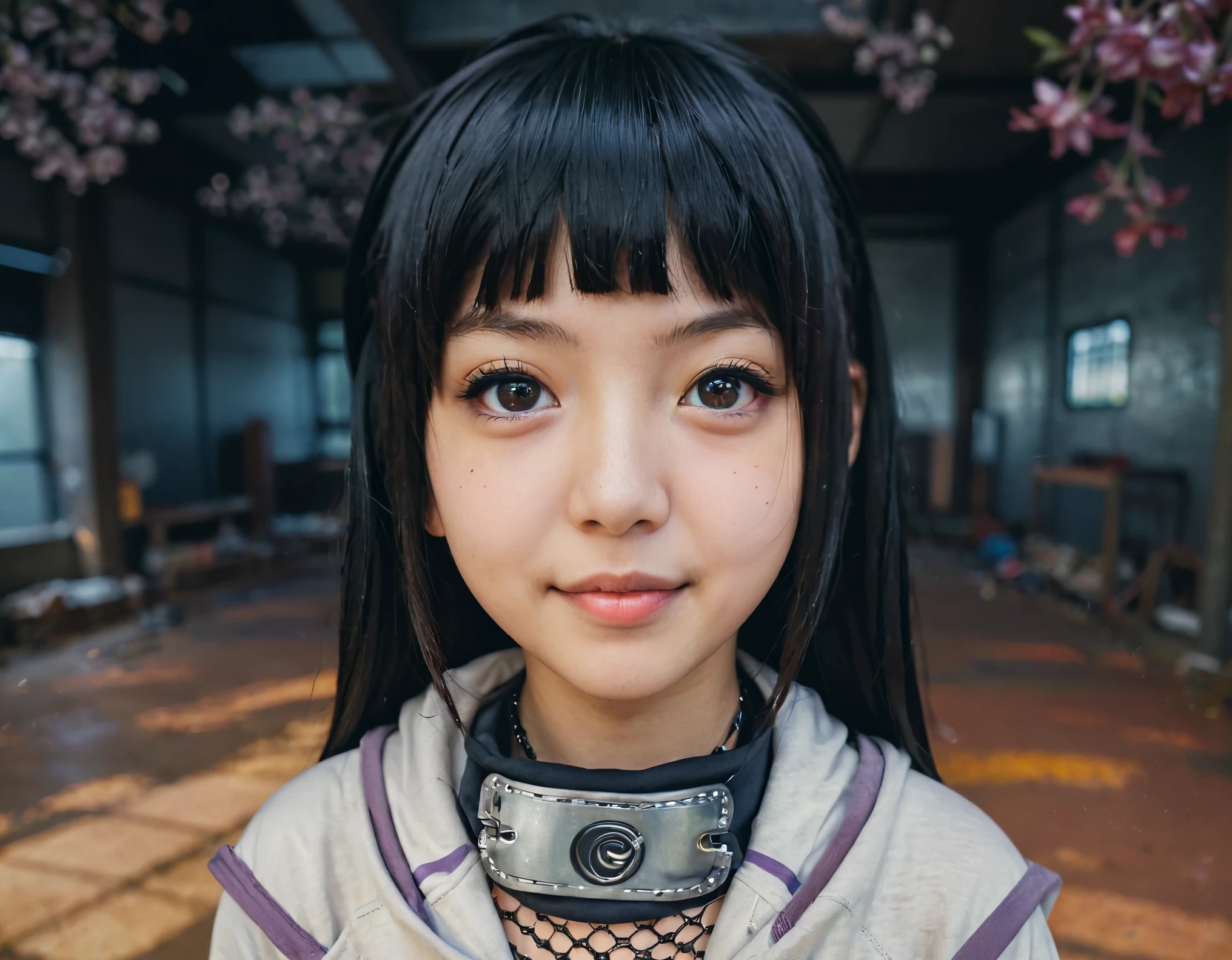 Portrait of a girl, Hinata Hyuuga, wearing a hoodie, steel headband on her neck, white eyes, (highly detailed face:1.4) (smile:0.7) (background inside dark, moody, private study:1.3) POV, by lee jeffries, nikon d850, film stock photograph ,4 kodak portra 400 ,camera f1.6 lens ,rich colors ,hyper realistic ,lifelike texture, dramatic lighting , cinestill 800