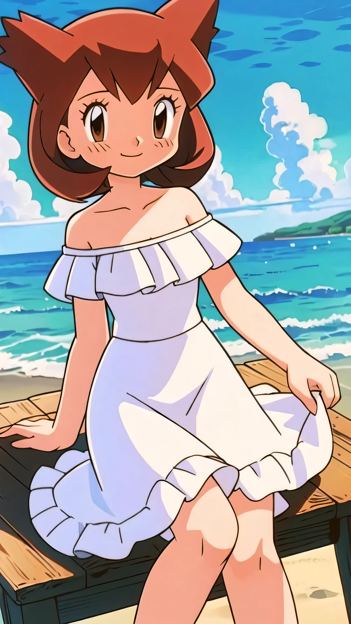 (retro anime girl:1.2), (white dress:1.1), (masterpiece:1.2), (best quality), (ultra detailed), (8k,4k), (half body:1.2), (cowboy:1.2), (highly detailed:1.2), (Ruffle Off-the-shoulder top:1.4), (Maxi skirt:1.4), bianca (pokemon heroes), 1 girl, solo, Best quality, masterpiece, High Definition, Teenager, Brown Eyes, Beautiful Detail Eyes, Brown Hair, Good hands at sides, Smile, Blushing, Bare Neck, Bare Arms, Bare Shoulders, short sleeve, Strapless, White Ruffle Off-the-Shoulder Top, White Off-the-shoulder Dress, White maxi dress, sitting down on the beach, Background, blue skies, cowboy shot, far from the bottom
