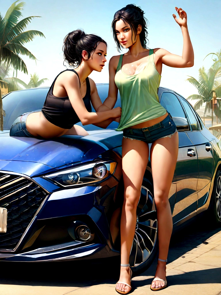 Create two sexy girls washing a car and they both have black hair and they are twins and they would both be wearing a tank top and short shorts and one of the girls would be getting soap on her breasts and the other would be twerking on the hood of the car but in a beautiful and detailed way and realistic