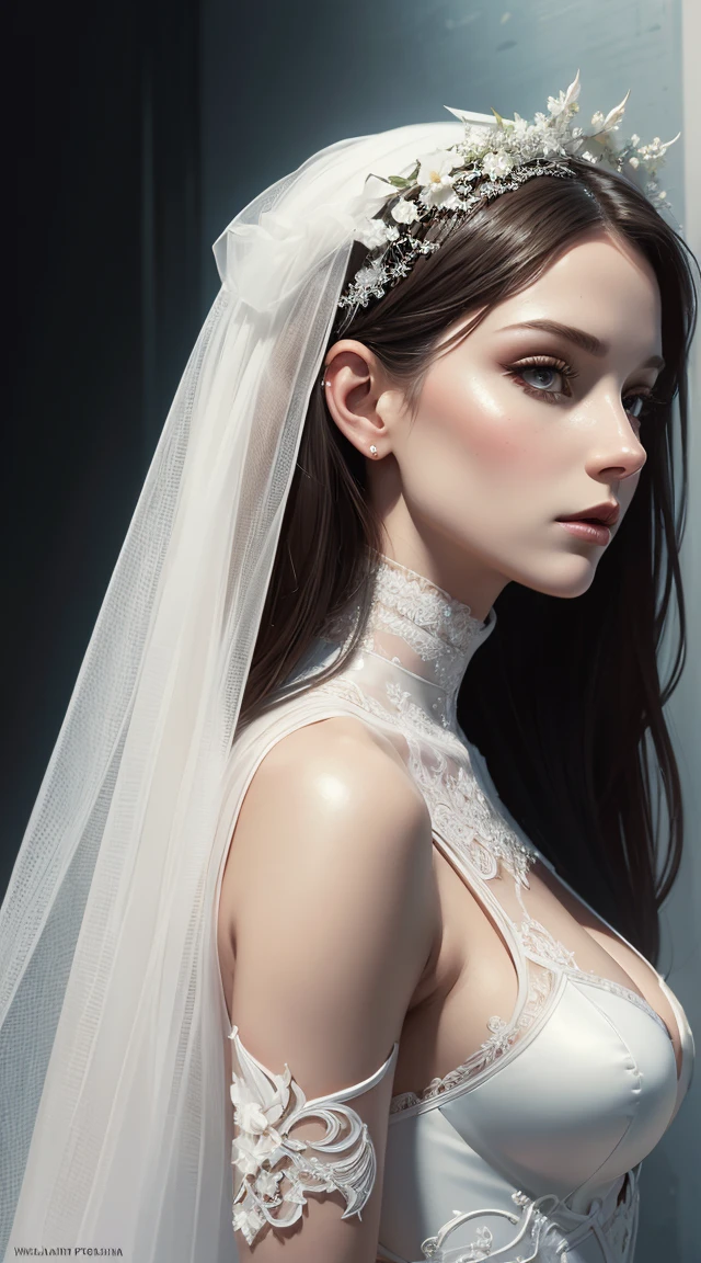 Holly Marie Peines, bridal veil latex white sexy clothing, character portrait, 4 9 9 0 s, wide, intricate, elegant, Very detailed, digital paint, art station, conceptual art, seeds, sharp focus, illustration, Art by WLOP, Charlie Bowater and Alexandra Fomina