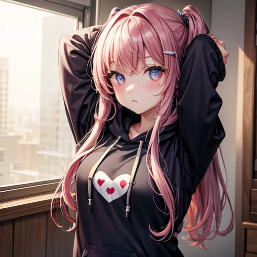 masterpiece,One girl,alone ,Heart-shaped pupils,Open the front,hoodie,, Static Restraints,
