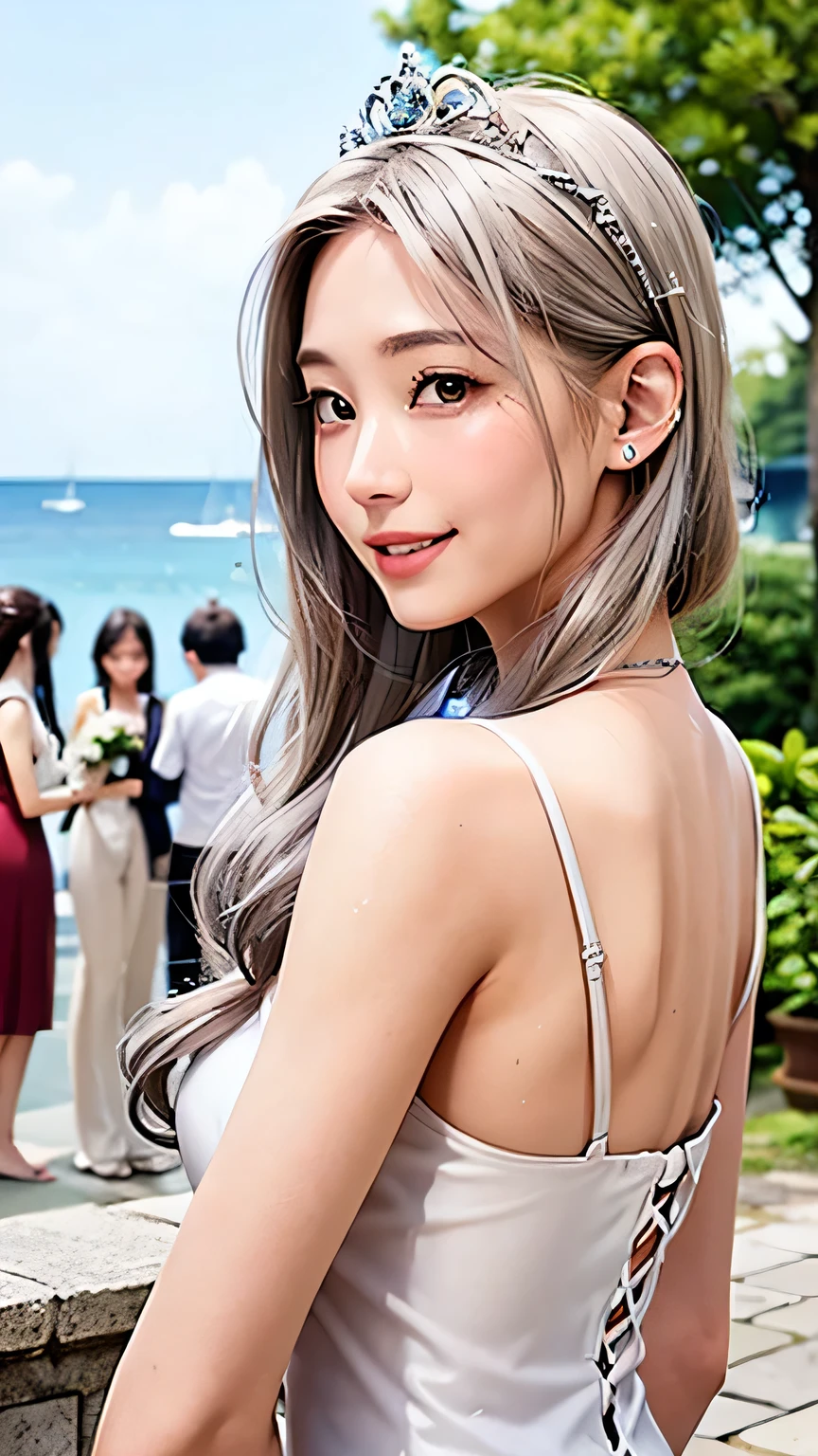 highest quality、Realistic、zoom、Chestnut Hair、Gray Eyes、Silver Hair、Wedding dress、tiara、Sunburned、Tan、Brown Skin、Sweat、smile、Back view、Ocean、