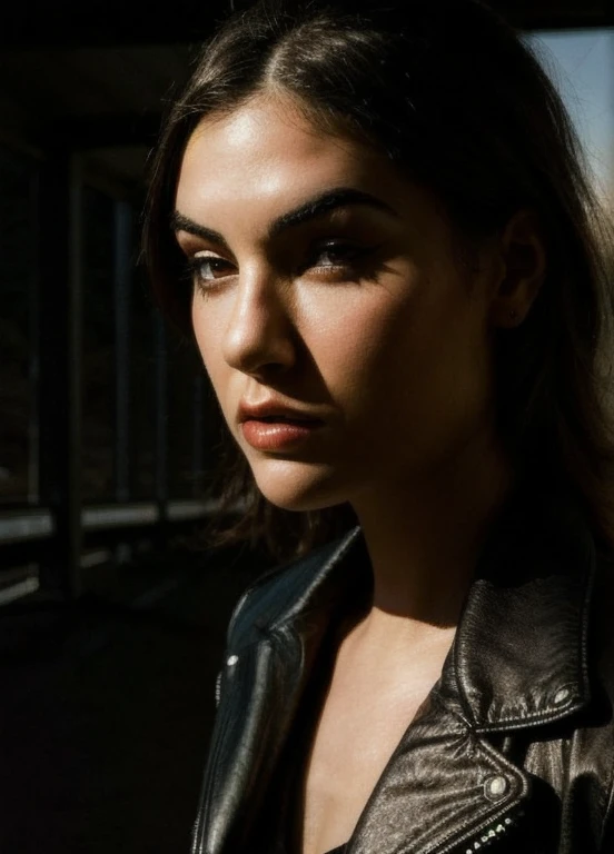 photo of beautiful Koh_SashaGrey, wearing leather jacket, (biker style:1.1), stern, intimidating, hyperdetailed photography, dim light, soft light, portrait, cover, best quality, (detailed beautiful face, detail skin texture, ultra-detailed body:1.1), high contrast, outdoors, highway