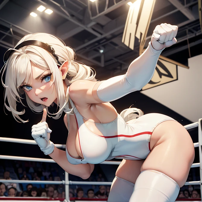 (absurdres, best high quality image, carefuly detailed features and textures, very detailed image) female wrestling character with multiple views: Elf queen 1.000 years old mature adult milf: beautiful face,  feminine and  features, beautiful light blue eyes, voluptuous body, , huge , beautiful legs, golden long hair, golden eyebrows, (white one-piece wrestler leotard, white knee pads, white middle finger sleeves and white gloves, white elbow pads, cleavage), She is doing a hip attack during training in the gym's wrestling ring.