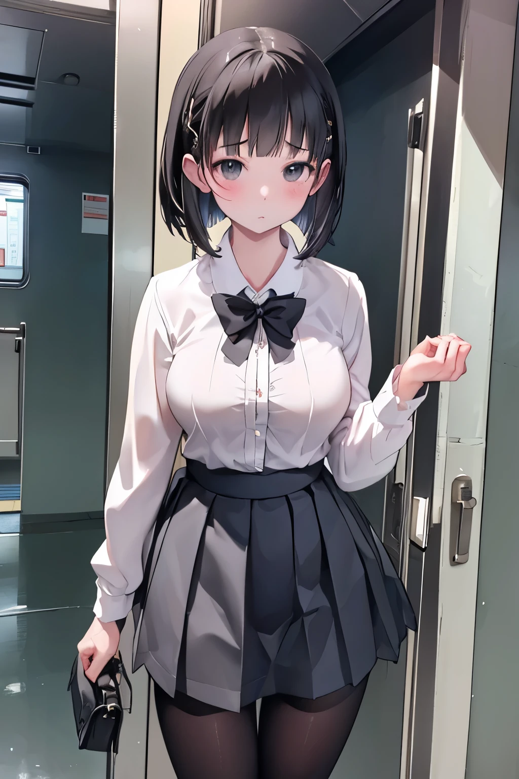 (8K、Highest quality、highest quality、masterpiece)、Detailed face、One girl、on the train、Touch the door with both hands、Press against chest、((ドアの窓ガラスにPress against chest1.4))、、short hair、、blunt bangs、Grey Eyes、、、((Blazer jacket uniform))、((Pleated skirt))、((No panties))、((bent over))、Back Alley Background、Very large breasts、Nipples are visible、、Black Pantyhose、Milk dripping from nippleilk spurting from the nipple、、、Troubled face、Love juice from the genitals、Full body portrait、Black Loafers、One man、Hearts in the eyes、Sex with a man、A man stands behind、A man grabs my waist from behind、Standing doggy style、Put your hand on the door、Exposing the breasts、Bare your breasts、pussy