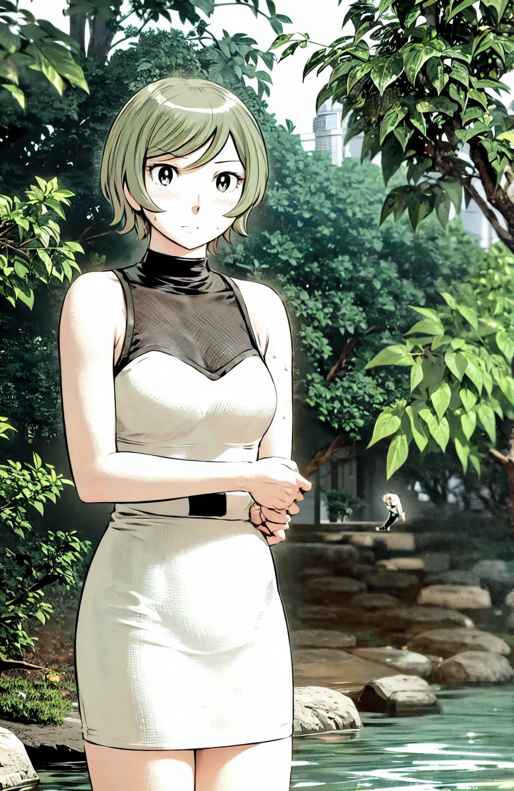 、(masterpiece、Highest quality)、Highest quality, Ultra-high resolution, (((masterpiece))), alone, Sweat、Big eyes,  No sleeve、Outdoor、Floral dress、Composition from the front、（Cut the back hair short、short hair、blonde、woman）、Shortcuts、Embarrassed face、Cut your hair short、可愛いwomanの子、Big Breasts