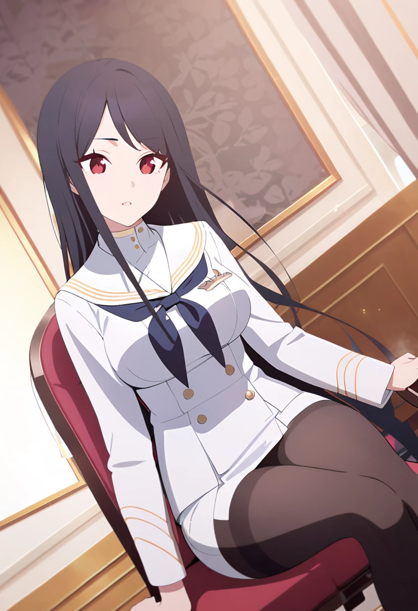 (One tall woman,Black Hair,Long hair,Red Eyes,Dynamic Angle,Slightly larger breasts,Slightly wider thighs)Woman sitting on chair,White Sailor Suit,Short skirt,Black long tights,The background is the living room