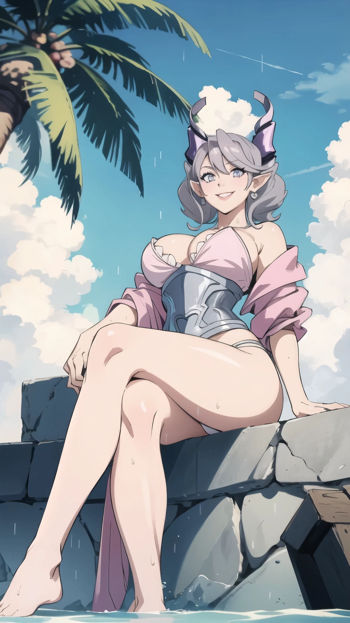 Arms over hips High level image quality best image quality 8K adult woman pool party rain palm trees more colors whole body view portrait bikini pink horn ears short hair((shortcut)(gray hair)(perm)(fluffy)) eye color is blue , , attractive evil face , smile , sexy pose , labrynth , barearm , wearing pink robe , crossed legs , all wet , view from below