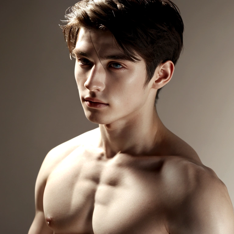 a 22 year old man with pale skin, abs, natural skin textures and lines, beautiful eyes, highly detailed lighting, amazing hair, extremely detailed face and eyes, portrait,japon