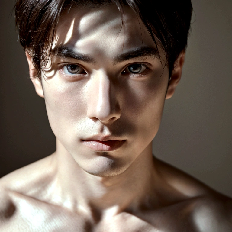a 22 year old man with pale skin, abs, natural skin textures and lines, beautiful eyes, highly detailed lighting, amazing hair, extremely detailed face and eyes, portrait,japon