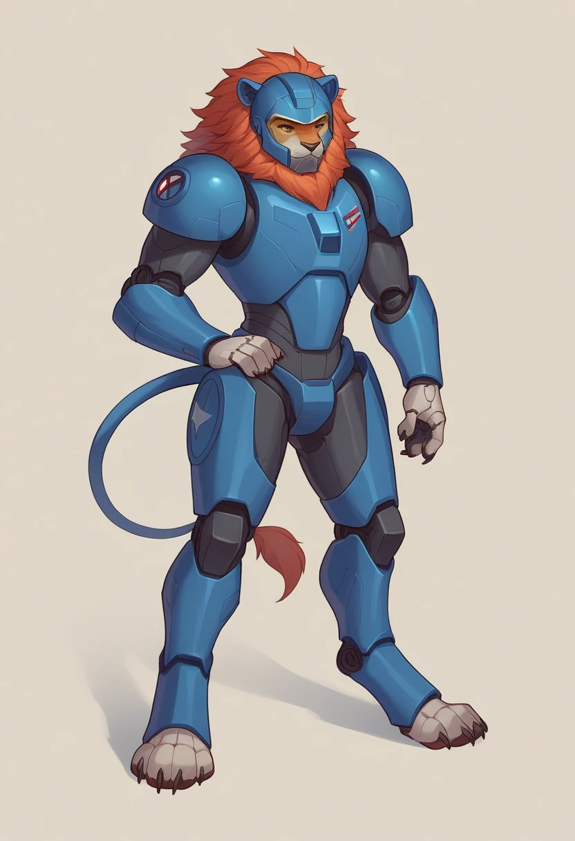 Appearance:
Body Armor: Iron Man's suit should retain its advanced, high-tech design, but incorporate lion-like features. The chest piece, arms, and legs should blend sleek metallic elements with the texture of lion fur, particularly around the joints and edges.
Helmet: The helmet should be redesigned to resemble a lion's head, with a flowing metallic mane that integrates seamlessly with the rest of the suit. The eyes of the helmet should glow with a fierce, golden light, mimicking a lion's intense gaze.
Paws and Claws: Replace Iron Man's hands and feet with lion-like paws. These paws should have retractable claws that can extend when needed, combining the strength and functionality of Iron Man's suit with the predatory features of a lion.
Tail: Add a mechanical lion's tail to the back of the suit, which can be used for balance and as a weapon. The tail should be flexible, with segmented armor that allows for fluid movement.