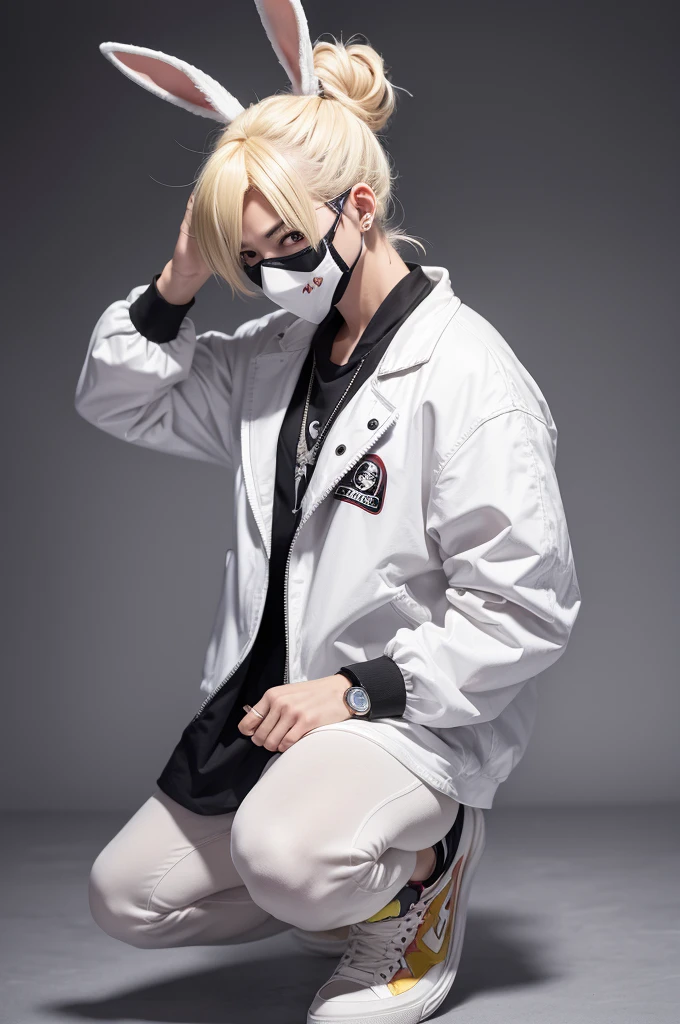 An anime character, with white rabbit mask,  blonde updo hair, naughty man, has two pistols, black sneakers