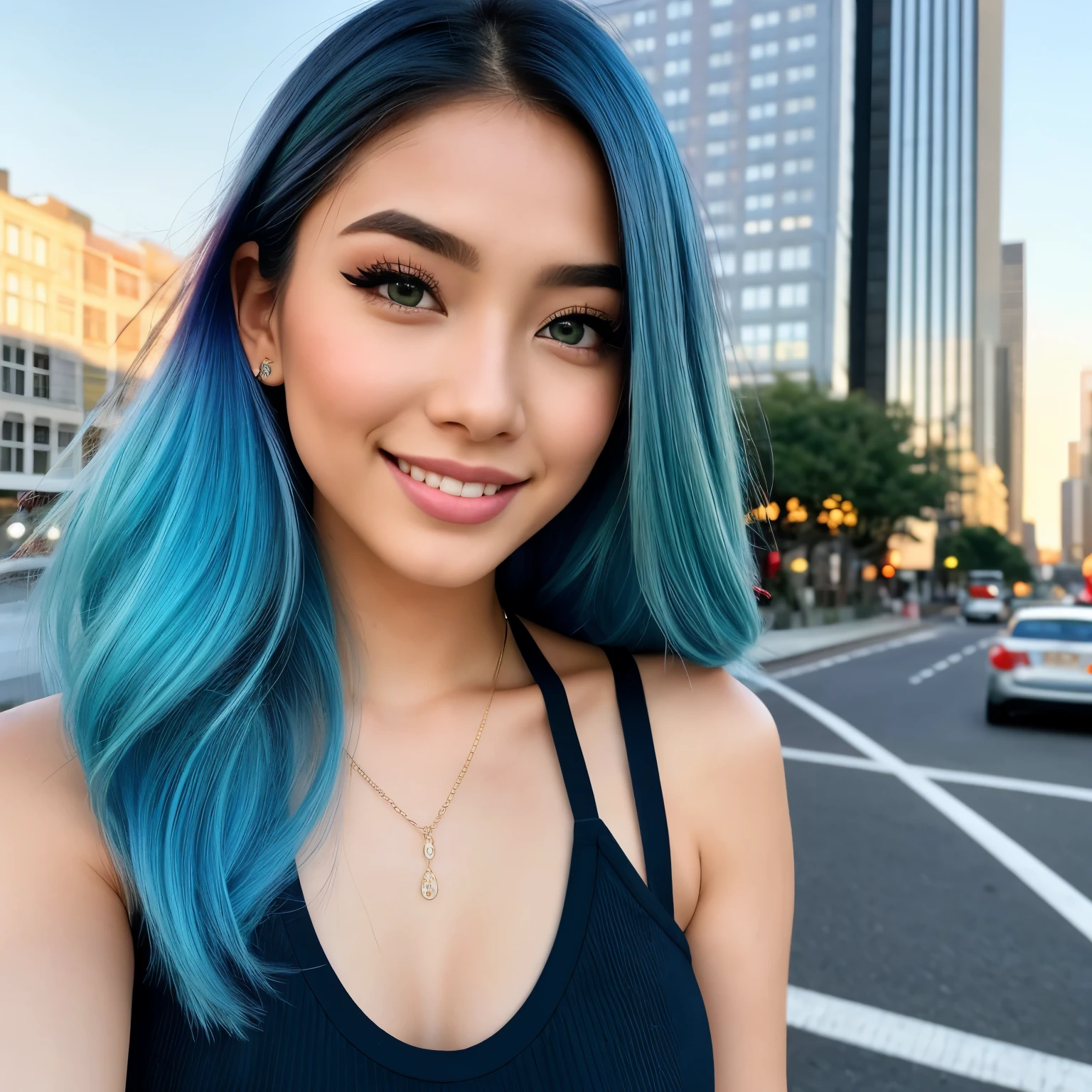 photo of (emikin:0.99), woman as a sexy TikTok influencer, cobalt hair, blue hair , teal hair , long hair, woman with Asian features, 24-year-old (green-eyed woman), green eyes, She has a small elegant nose with a slight upward curve at the tip. Her lips are full and naturally pink with a well-defined Cupid's bow. Her teeth are straight and white enhancing her captivating smile. Her face has an oval shape with high cheekbones that add to her model-like appearance. full body, 8k, sexy, walking on the sidewalk, cars in the background, wearing a mini skirt, mini top, fashion clothes, night, arms down, hands do not appear in the photo, near the wall, some people in the background