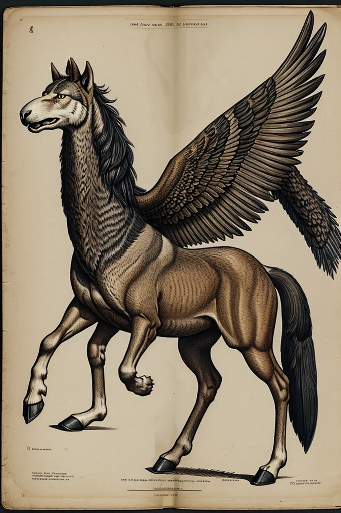 Create the body of a wolf with horse hooves, snake tail, wings of an eagle and head of a Mexican fighting cock 