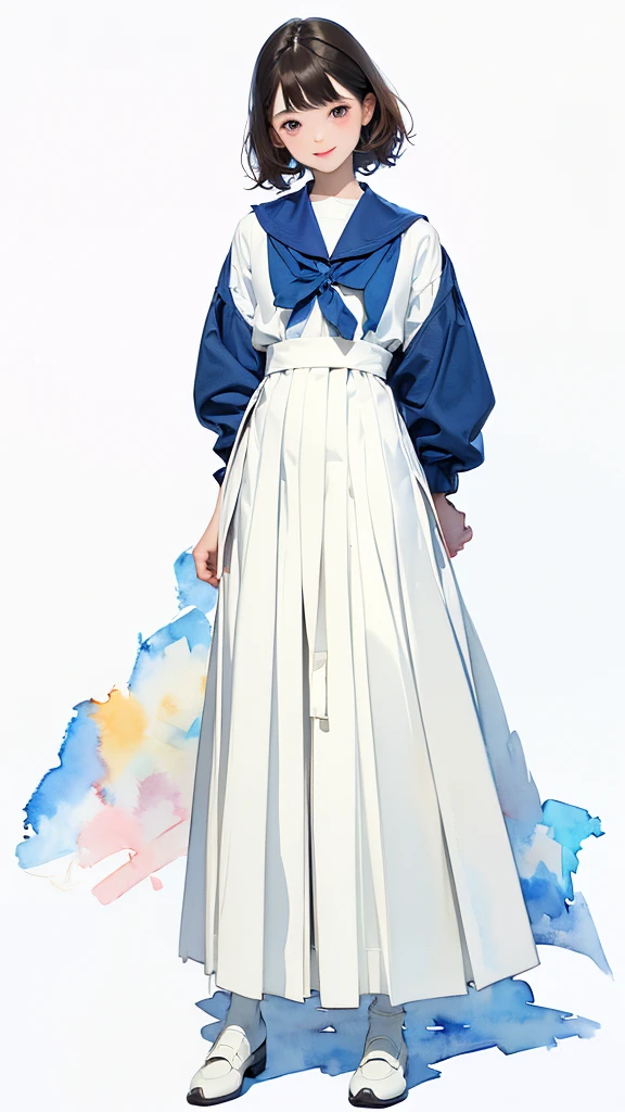 (1 Girl、alone、whole body、natural standing posture)、(Standing casually)、(whole body:1.4)、(whole bodyショーケース)、(whole bodyを見せる)、((Character Concept Art))、(Portraiture:1.2)、(Detailed facial depiction、A kind smile)、Short dark brown hair、White Sailor Suit、Navy blue sailor collar、uniform、Short skirt:1.37、Pleated skirt、shoes、loafers、(Vintage、Classic)、((No background))、((White Background))、Blur the background、(No logo)、((Watercolor of singer Sargent))、Impressionist style painting、(Highest quality、masterpiece)、