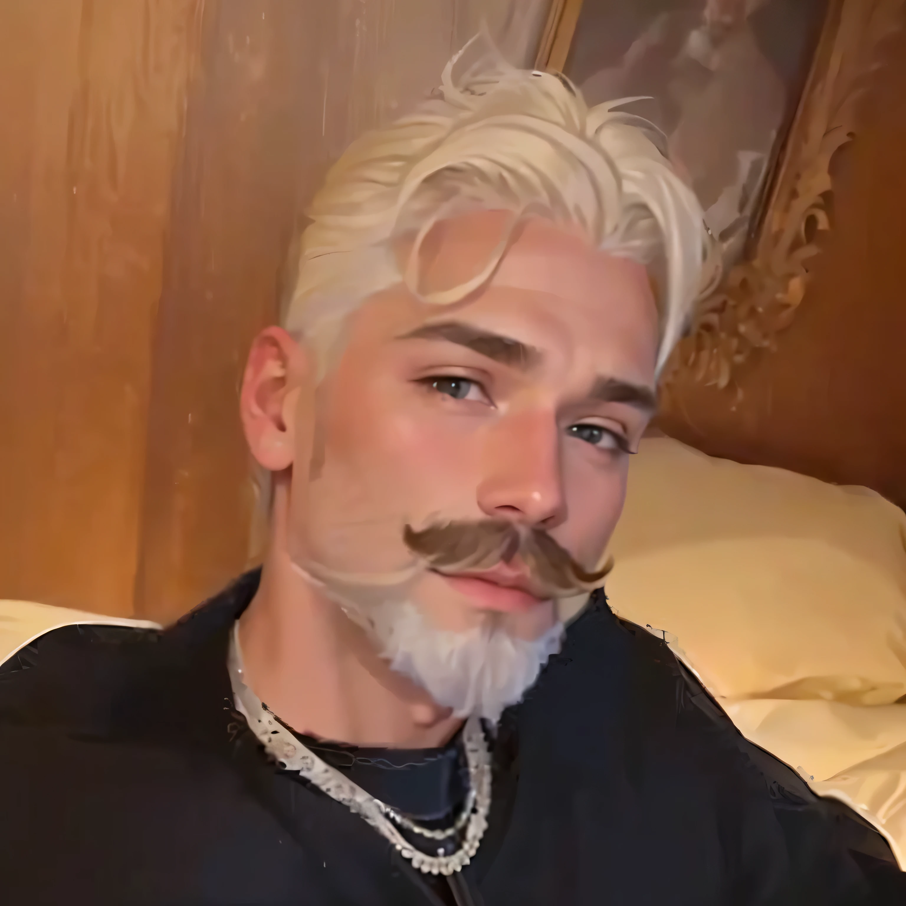 blond man with mustache and mustache sitting on a bed, he has a big French mustache, with trimmed mustache, with white streak in hair, short white beard, maluma singer, Masterpiece artwork, small blond goatee, white hair color, xqc, huge blond moustache, white  hair, well-groomed white beard and hair, monocelha