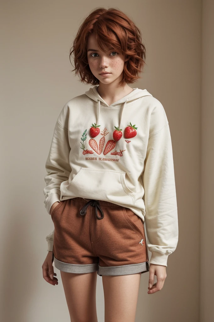 female character with messy and short reddish hair, His face has small streaks of blood and some freckles in the nose area., He also has bright brown eyes.. In his clothing we have shorts and a red sweatshirt with a small strawberry on the upper right side as an embroidery