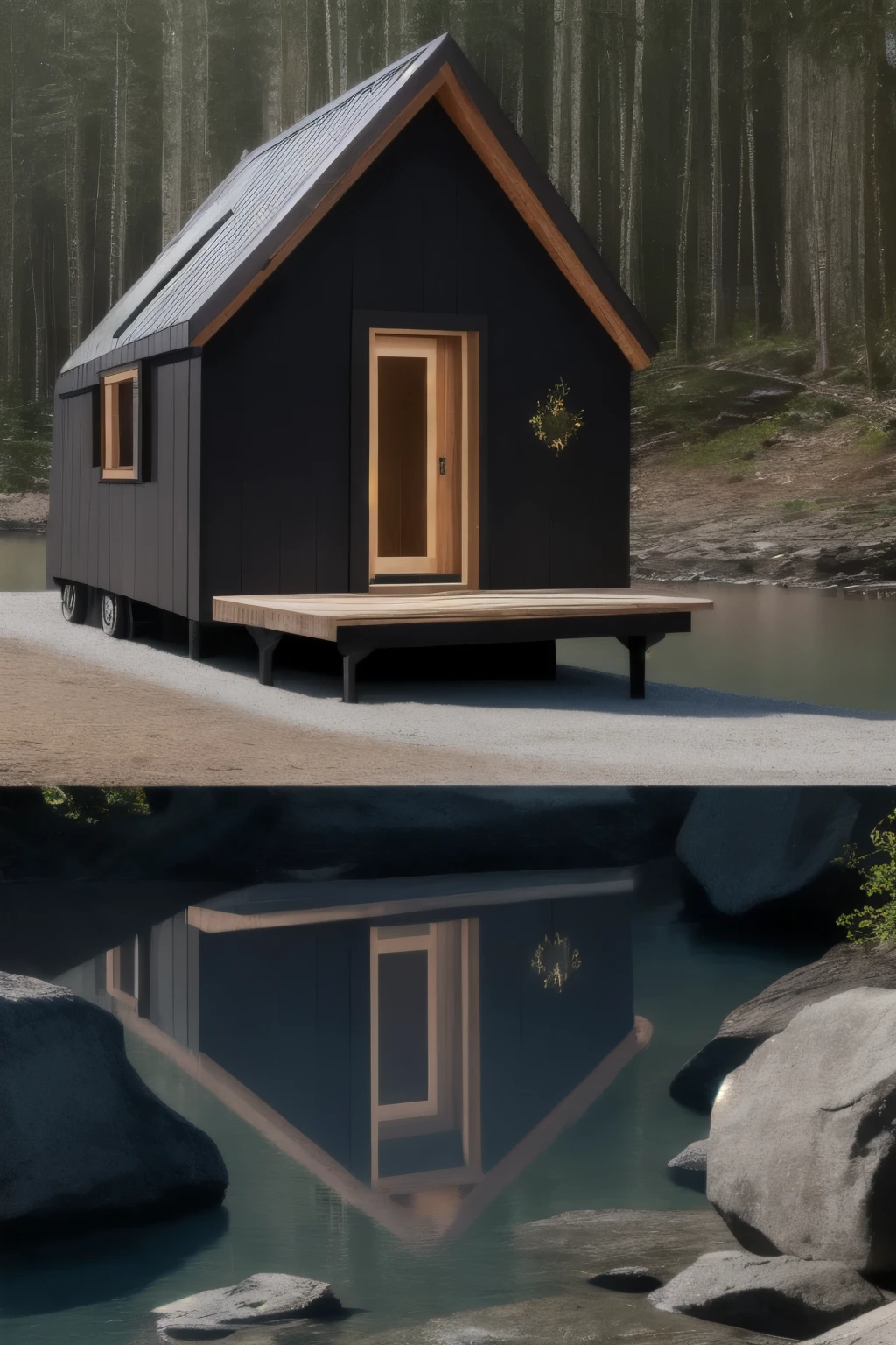 outdoortinyhouse forme de triangle extérieur en forêt, panneau ????, matin, rocks, river side, ((head of&#39;artwork)), realistic, epic, Details, grass, falaise, mountain, 
