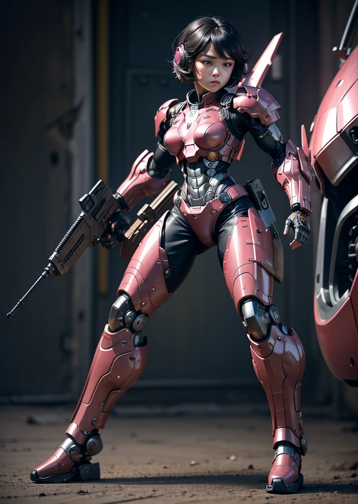 Textured skin, Very detailed, Attention to detail, high quality, 最high quality, High resolution, 1080P, hard disk, beautiful,(Terminator),beautifulサイボーグ女性,pink mecha cyborg girl,Battle Mode,Girl with a mechanical body,She is wearing a weaponized combat cyborg mech,Full Body Shot bare hands Short Hair Boyish Brown eyes Black Hair Kindergarten girl