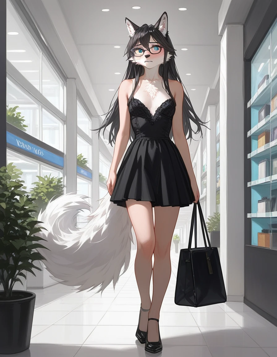 Solo, score_9,score_8_up,score_7_up, source_furry, an Anthro furry wolf girl, wolf snout, white furry body, white fur, detailed fur, tall, long black straight hair, elegant black hair, white wolf tail, blue eyes, black glasses, white wolf ears, white wolf tail, small breasts, wearing elegant white blouse, short black skirt, black flats, embarrassed expression, blushing, looking away, outdoors at a mall,