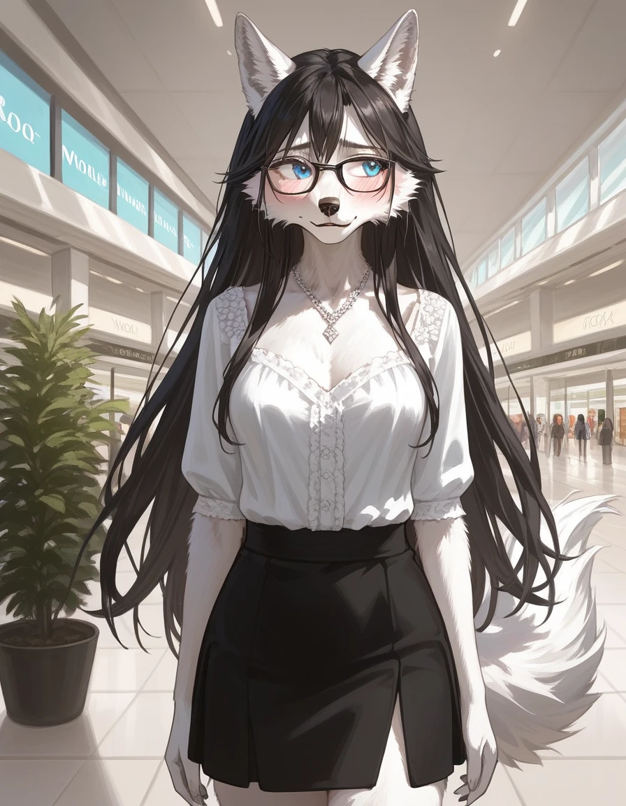 Solo, score_9,score_8_up,score_7_up, source_furry, an Anthro furry wolf girl, wolf snout, white furry body, white fur, detailed fur, tall, long black straight hair, elegant black hair, white wolf tail, blue eyes, black glasses, white wolf ears, white wolf tail, small breasts, wearing elegant white blouse, short black skirt, black flats, embarrassed expression, blushing, looking away, outdoors at a mall,