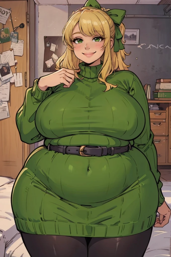 ((art by Kipteitei)), ((Masterpiece, best quality, perfect lighting, amazing shading)), (perfect anatomy, realistic proportions), field of depth, extremely beautiful, detailed face, ultra cute face, cute, long blonde hair, hair ribbons, green eyes, sweater dress, hose, cute smile, (fat), belly, [belt], blushing, (elegant pose), bedroom background, detailed background