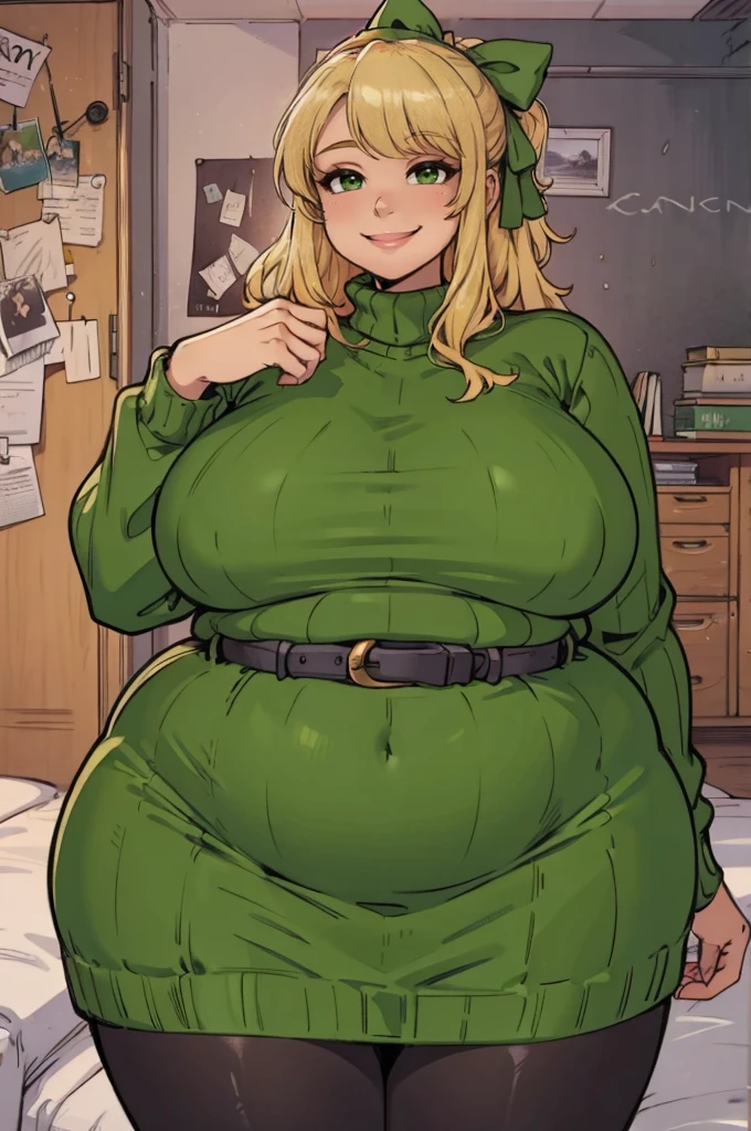 ((art by Kipteitei)), ((Masterpiece, best quality, perfect lighting, amazing shading)), (perfect anatomy, realistic proportions), field of depth, extremely beautiful, detailed face, ultra cute face, cute, long blonde hair, hair ribbons, green eyes, sweater dress, pantyhose, cute smile, (fat), belly, [belt], blushing, (elegant pose), bedroom background, detailed background